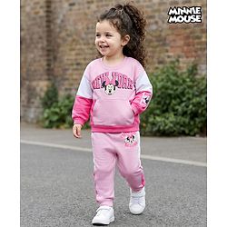 Babyhug Disney Terry Knit Full Sleeves Cut & Sew Sweatshirt & Lounge Pant Set with Minnie Mouse Graphic & Kangaroo Pocket - Pink