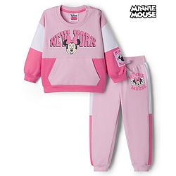 Babyhug Disney Terry Knit Full Sleeves Cut & Sew Sweatshirt & Lounge Pant Set with Minnie Mouse Graphic & Kangaroo Pocket - Pink