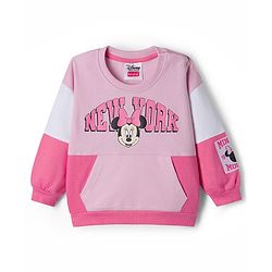 Babyhug Disney Terry Knit Full Sleeves Cut & Sew Sweatshirt & Lounge Pant Set with Minnie Mouse Graphic & Kangaroo Pocket - Pink