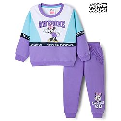 Babyhug Disney Terry Knit Drop Shoulder Full Sleeves Cut and Sew Sweatshirt and Track Pants with Minnie Graphic - Purple & Light Blue