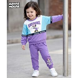 Babyhug Disney Terry Knit Drop Shoulder Full Sleeves Cut and Sew Sweatshirt and Track Pants with Minnie Graphic - Purple & Light Blue