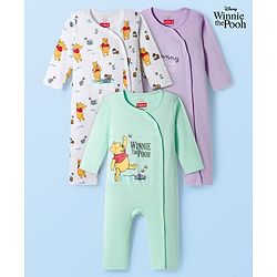 Babyhug Disney Interlock Knit Full Sleeves Romper with Winnie the Pooh Graphic Pack of 3 - White Lavender & Sea Green