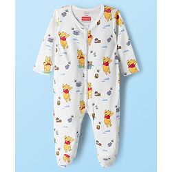 Babyhug Disney Interlock Knit Full Sleeves Sleepsuit With Winnie the Pooh Print Pack of 2 - White & Purple