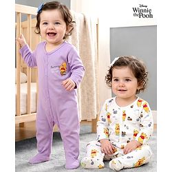 Babyhug Disney Interlock Knit Full Sleeves Sleepsuit With Winnie the Pooh Print Pack of 2 - White & Purple