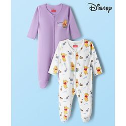 Babyhug Disney Interlock Knit Full Sleeves Sleepsuit With Winnie the Pooh Print Pack of 2 - White & Purple
