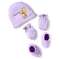 Babyhug Disney Interlock Knit Cap, Mittens and Booties Set with Winnie the Pooh Graphics Lilac - Diameter 17.5 cm