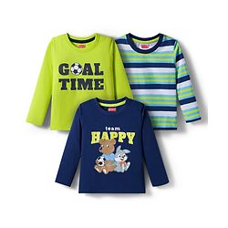 Babyhug 100% Cotton Knit Full Sleeves T-Shirts with Stripe & Happy & Goal Time Text Print Pack of 3 - Navy Blue & Lime Green