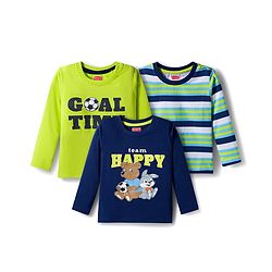 Babyhug 100% Cotton Knit Full Sleeves T-Shirts with Stripe & Happy & Goal Time Text Print Pack of 3 - Navy Blue & Lime Green