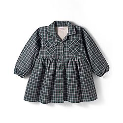 Babyhug Suede Woven Full Sleeves Winter Frocks with Checks - Dark Green