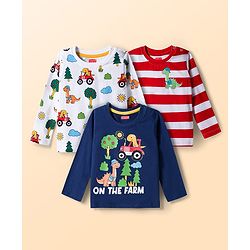 Babyhug 100% Cotton Knit Full Sleeves T-Shirts with Dino Print & Stripes Pack of 3 - Navy Blue White & White