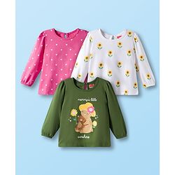 Babyhug 100% Cotton Knit Full Sleeves T-Shirts with Floral Bear & Heart Print Pack of 3 - White Pink & Green