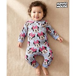 Babyhug Disney Interlock Knit Full Sleeves Front Open Romper with Minnie Mouse Graphics - Blue