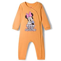 Babyhug Disney Interlock Knit Full Sleeves Front Open Romper with Minnie Mouse Graphics - Orange