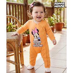 Babyhug Disney Interlock Knit Full Sleeves Front Open Romper with Minnie Mouse Graphics - Orange