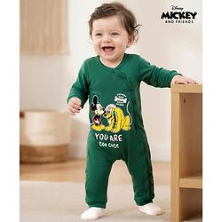 Babyhug Disney Interlock Knit Full Sleeves Romper With Mickey Mouse & Friends Print - Green
