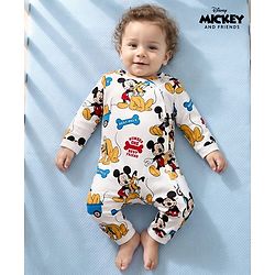 Babyhug Disney Interlock Knit Full Sleeves Romper with Mickey Mouse and Friends Graphics - White