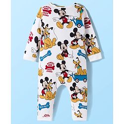 Babyhug Disney Interlock Knit Full Sleeves Romper with Mickey Mouse and Friends Graphics - White
