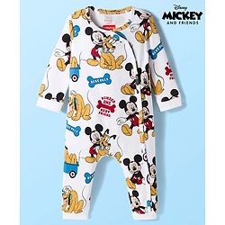 Babyhug Disney Interlock Knit Full Sleeves Romper with Mickey Mouse and Friends Graphics - White