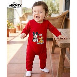 Babyhug Disney Interlock Knit Full Sleeves Romper With Mickey Mouse & Friends Printed - Red