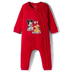 Babyhug Disney Interlock Knit Full Sleeves Romper With Mickey Mouse & Friends Printed - Red