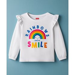 Babyhug 100% Cotton Knit Full Sleeves T-Shirt with Rainbow Graphic & Frill Detailing - White