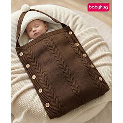 Babyhug Premium Hooded Knitted Blanket Sleeping Bag with Soft Fur Lining - Brown| Warm & Cozy Winter Wrapper| Machine Washable| Button Closure