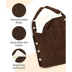 Babyhug Premium Hooded Knitted Blanket Sleeping Bag with Soft Fur Lining - Brown| Warm & Cozy Winter Wrapper| Machine Washable| Button Closure