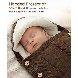 Babyhug Premium Hooded Knitted Blanket Sleeping Bag with Soft Fur Lining - Brown| Warm & Cozy Winter Wrapper| Machine Washable| Button Closure