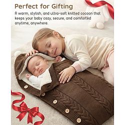 Babyhug Premium Hooded Knitted Blanket Sleeping Bag with Soft Fur Lining - Brown| Warm & Cozy Winter Wrapper| Machine Washable| Button Closure