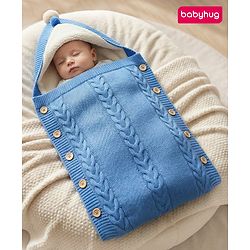 Babyhug Premium Hooded Knitted Blanket Sleeping Bag with Soft Fur Lining - Brown| Warm & Cozy Winter Wrapper| Machine Washable| Button Closure