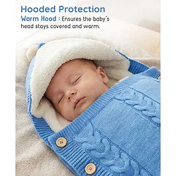 Babyhug Premium Hooded Knitted Blanket Sleeping Bag with Soft Fur Lining - Brown| Warm & Cozy Winter Wrapper| Machine Washable| Button Closure