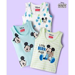 Babyhug Disney Single Jersey Knit Sleeveless Vest with Mickey Mouse Graphic Pack of 3 - Light Blue White & Light Green