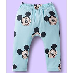Babyhug Disney Interlock Knit Full Length Diaper Leggings With Mickey Mouse Print Pack Of 3 - Light Blue White & Green