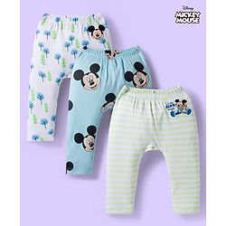 Babyhug Disney Interlock Knit Full Length Diaper Leggings With Mickey Mouse Print Pack Of 3 - Light Blue White & Green