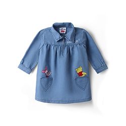 Babyhug Disney Denim Knit Dress with Full Sleeves and Piglet Embroidery in Blue