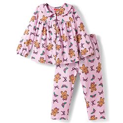 Babyhug Cotton Knit Full Sleeves Co-Ord Night Suit with Bow & Cookie Print - Pink