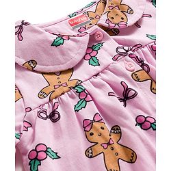 Babyhug Cotton Knit Full Sleeves Co-Ord Night Suit with Bow & Cookie Print - Pink