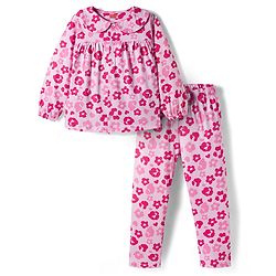 Babyhug Cotton Knit Full Sleeves Co-ords Night Suit With Floral Print - Pink