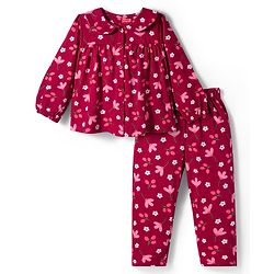 Babyhug Cotton Knit Full Sleeves Co-ords Night Suit With Floral Print - Maroon