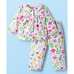Babyhug Cotton Knit Full Sleeves Co-ords Night suit With Floral Print - White