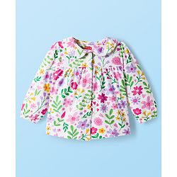 Babyhug Cotton Knit Full Sleeves Co-ords Night suit With Floral Print - White