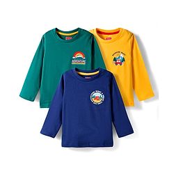 Babyhug 100% Cotton Knit Full Sleeves T-Shirt with Adventure Text Print Pack of 3 - Dark Green & Yellow Blue