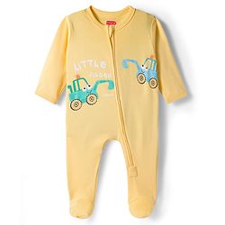 Babyhug Cotton Knit Footed Sleepsuit With Vehicle Print - Yellow