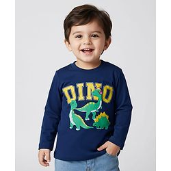 Babyhug 100% Cotton Knit Full Sleeves T-Shirt with Dino Print - Navy Blue