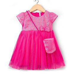 Babyhug Woven Cap Sleeves Party Dress With Sequin Detailing & Sling Bag - Dark Pink