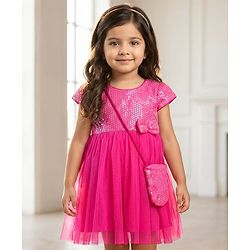 Babyhug Woven Cap Sleeves Party Dress With Sequin Detailing & Sling Bag - Dark Pink