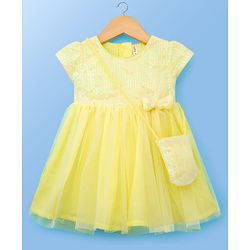 Babyhug Woven Cap Sleeves Party Dress With Sequin Detailing & Sling Bag - Yellow