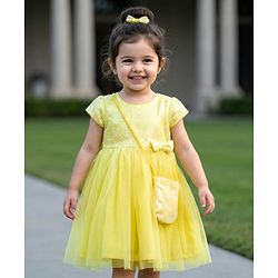 Babyhug Woven Cap Sleeves Party Dress With Sequin Detailing & Sling Bag - Yellow