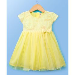 Babyhug Woven Cap Sleeves Party Dress With Sequin Detailing & Sling Bag - Yellow