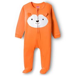 Babyhug Cotton Knit Full Sleeves Footed Sleepsuit With Animal Face Print & Ear Applique - Orange